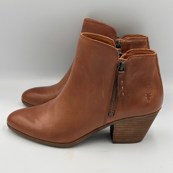 FRYE Judith Double Zip Ankle Boots Women's 7 Wheat Brown Leather Block Heel - Picture 3 of 9